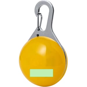 A yellow security light with a metal clip for attachment, featuring a smooth, rounded design.