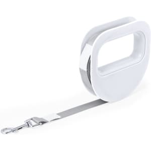 A white retractable pet lead with a grey strap and a metal clasp. Features a sleek, modern design with a handle.