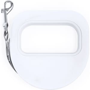 A white pet lead with a silver clip, designed for walking pets, featuring a simplified circular shape.