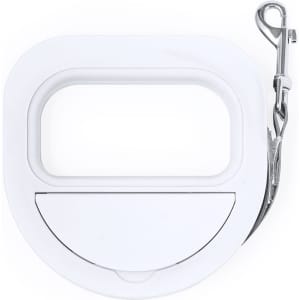 A white pet lead with a clip, featuring a rounded shape and a convenient handle for easy grip.