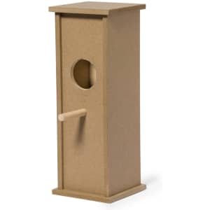A wooden birdhouse with a circular entrance hole and a front perch, featuring a natural brown colour.
