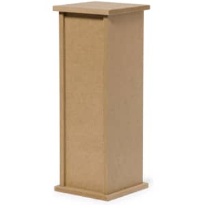 A wooden birdhouse in a natural brown finish, featuring a simple rectangular design with a flat top.