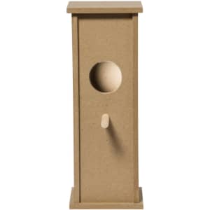 A wooden birdhouse in a natural brown finish with a round entrance hole and a small wooden perch.