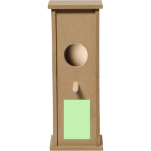 A wooden birdhouse in a natural brown finish with a circular entrance and a blank green panel.