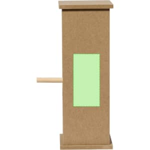 A brown Fenyx Birdhouse featuring a green panel and a wooden perch for birds. It has a simple, modern design.