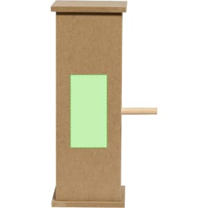 A brown birdhouse made from MDF with a green window and a wooden perch. It features a simple design and has a logo.