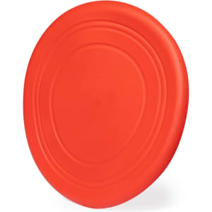 A red frisbee with smooth edges, suitable for outdoor play, featuring a logo on its surface.