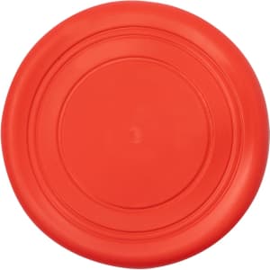 A red Frisbee featuring a smooth circular design and a central raised area, with a logo present.