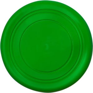 A green Frisbee with a smooth surface, featuring a circular shape and an embossed design in the centre.