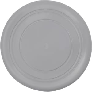 A grey frisbee with a smooth surface and a circular shape, featuring a simple design with a logo.