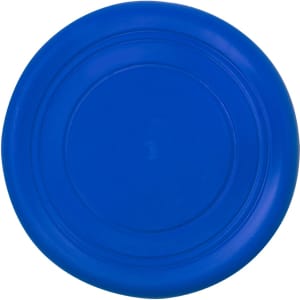 A blue Frisbee with a smooth surface and a circular shape, featuring a logo in the centre.