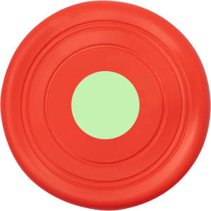 A red frisbee with a green centre, suitable for outdoor fun and games. Features a branding logo on the surface.