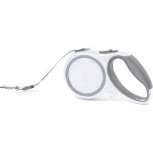 A retractable pet lead in grey and white, featuring a comfortable handle and a metal clip for attachment.
