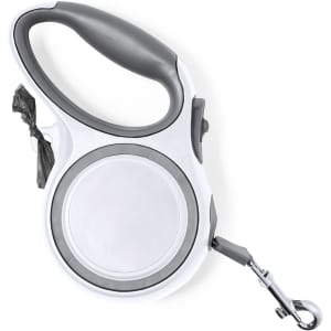 A retractable pet lead in white and grey, featuring a clip and a slot for waste bags.