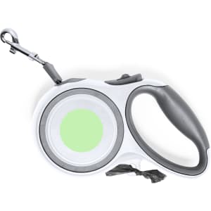 A white and grey retractable pet lead with a clip and a glowing green circular section. It features a branding logo.