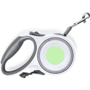 A pet lead in white and grey, featuring a round handle and a clip for attachment. It includes a logo on the side.