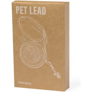 A brown cardboard box with a line drawing of a pet lead on the front and a logo at the top.
