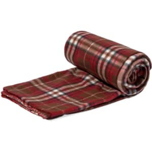 A rolled Barzagli Blanket in red, brown, and plaid patterns, featuring a soft texture and a logo.