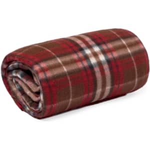A rolled plaid blanket in shades of brown, red, and white, featuring a soft, cosy texture.