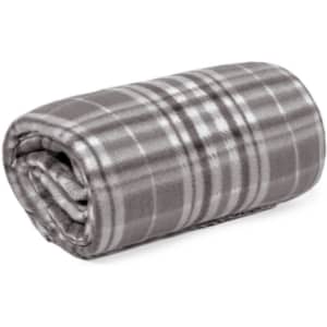 A rolled-up grey and white plaid blanket with a soft texture, featuring a subtle checkered pattern.