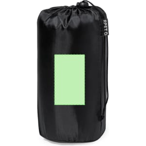 A black compact blanket with a drawstring closure and a rectangular green panel. It features a logo on the side.