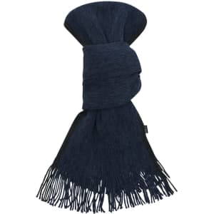 A navy scarf with a textured design and fringe detailing, featuring a logo on one side.