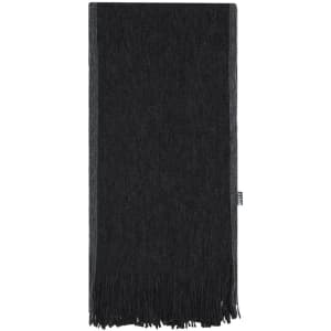 A black scarf with fringe detailing and a subtle border, featuring a branding tag.