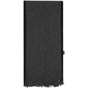 A grey scarf with black trim and fringed edges. It features a branding logo.