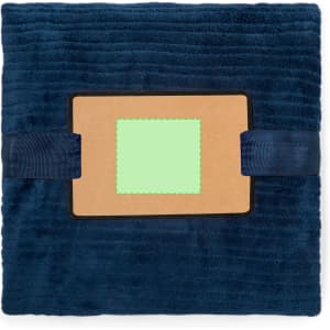 A navy blue, soft blanket with a folded design, secured by ribbons and featuring a blank tag.