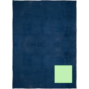 A dark blue blanket with a textured finish featuring a light green corner. It includes a branding logo.