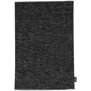 A dark grey neck warmer made of soft fabric, featuring a small brand logo.