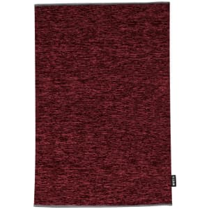 A textured red neck warmer with a grey trim and a logo tag at the bottom.