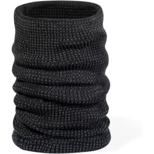 A knitted black neck warmer with a stretchy design, suitable as a clothing accessory. It has a logo.