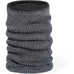 A knitted neck warmer in dark grey with a textured pattern, designed as a clothing accessory.