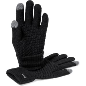 A pair of black touchscreen gloves with grey tips, featuring a textured design and a branding logo.