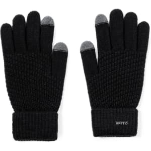 Black touchscreen gloves with textured fabric and grey fingertips, featuring a logo on the cuff.