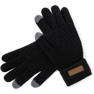 Black touchscreen gloves with textured fabric and grey tips for finger sensitivity, featuring a brown branded patch.