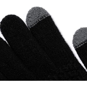 Touchscreen gloves in black with grey tips, featuring a textured knit design. The gloves have a branding logo.