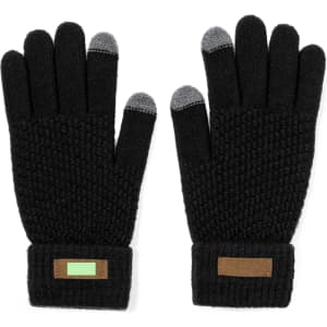 Black touchscreen gloves with textured design and grey tips on fingers for touchscreen use. Includes branding details.