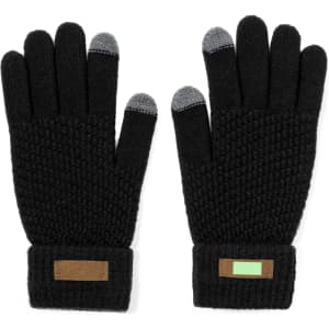 Black touchscreen gloves with textured fabric and contrasting grey fingertips. Features a branded patch on the cuff.