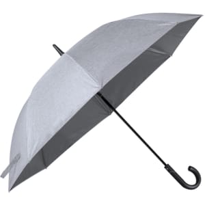 A grey umbrella with a black handle and a curved hook design, featuring a simple branding logo.