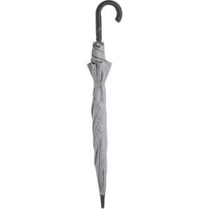 A grey umbrella with a curved black handle, featuring a simple design and a logo.