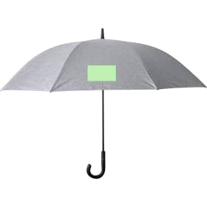 A grey umbrella with a curved black handle and a blank area for branding.