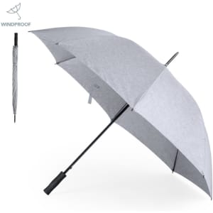 A grey windproof umbrella featuring a curved black handle and a compact design for easy storage.