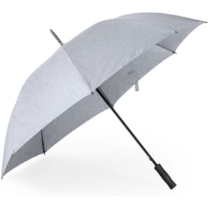 A grey umbrella with a black handle, featuring a simple design and a straight shaft.