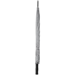A grey umbrella with a sleek design and a black handle, featuring a logo on the handle.