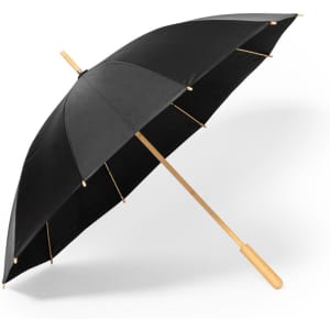 A black umbrella with a wooden handle and spokes, featuring a simple design. It has a logo present.