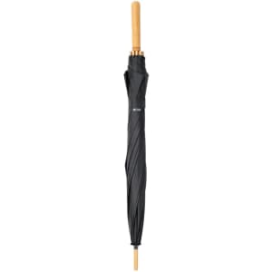 A black umbrella with a wooden handle and a sleek design, featuring a logo.