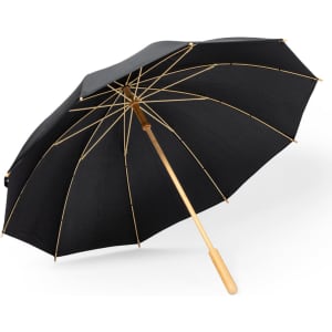 A black umbrella with a wooden handle and golden ribs, featuring a simple design and a prominent branding logo.