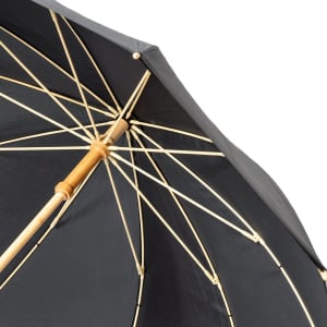 A black umbrella with a wooden handle and a structured canopy, featuring a logo on the fabric.